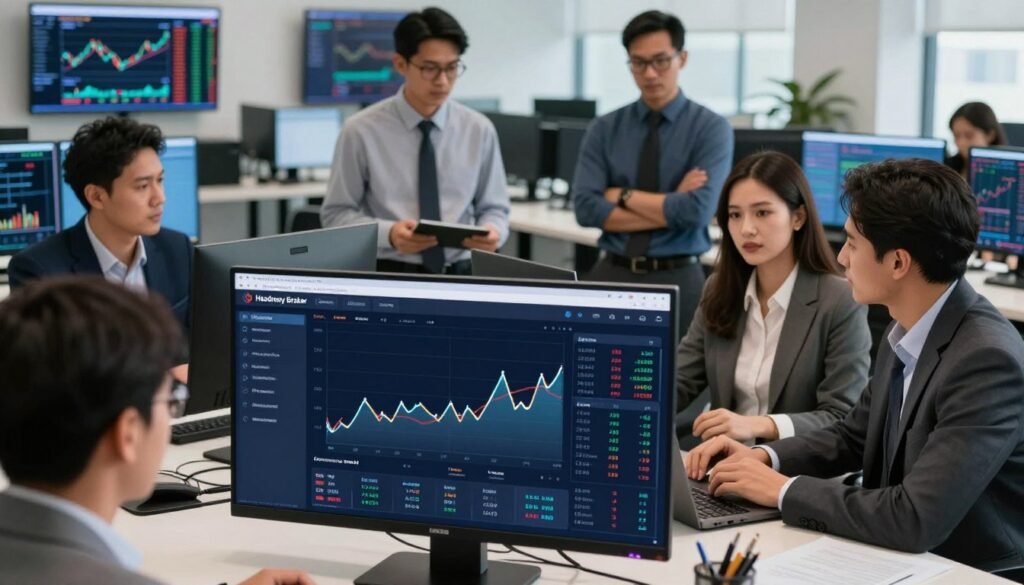 A dynamic trading platform interface displayed prominently in the foreground, featuring sleek graphs, real-time market data, and digital assets. In the middle ground, a diverse group of professional traders, including men and women of different ethnic backgrounds, are engaged in focused discussions, dressed in smart business attire. The background showcases a modern office environment with large screens displaying stock charts and financial news tickers. The lighting is bright and crisp, creating a sense of urgency and professionalism. The atmosphere conveys excitement and innovation in the world of trading, highlighting the advantages of using Headway Broker for Indonesian traders. Capture this scene from a slightly elevated angle to emphasize the high-tech nature of the trading environment while keeping the subjects fully engaged.