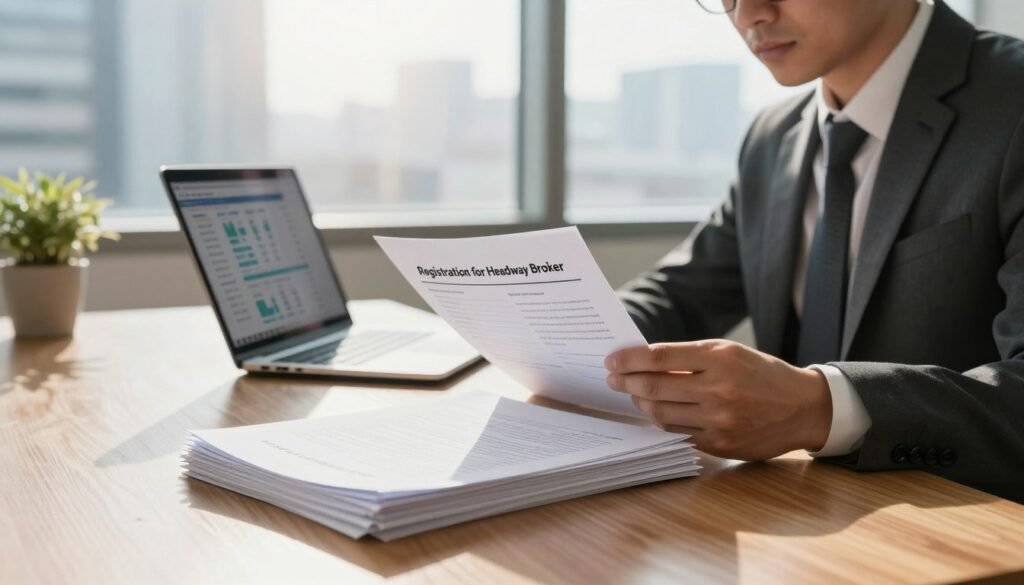 A modern office setting with a polished wooden desk in the foreground, featuring an organized stack of documents labeled "Registration for Headway Broker." There is a sleek laptop open on the desk displaying a financial dashboard. In the middle, a professional-looking individual in business attire, reviewing the documents, appears focused and determined. The background shows a large window with cityscape views and soft sunlight streaming in, creating a warm and inviting atmosphere. The lighting is bright but soft, highlighting the details of the documents and the individual's expression. The overall mood conveys professionalism and ambition.