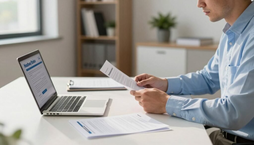 A modern office setting with a professional ambiance, featuring a sleek desk with a laptop open to the Headway Broker verification process. In the foreground, a focused businessman in smart casual attire is intently reviewing documents and typing on the laptop. In the middle ground, various verification documents, such as ID and utility bills, are neatly arranged beside the laptop. The background includes a softly lit office with a bookshelf and potted plants, creating a calm and organized atmosphere. Warm, natural light spills in from a window, casting gentle shadows, while the overall color palette is composed of soft blues and whites, enhancing the professional vibe. The scene conveys a sense of diligence and clarity in the account verification process.