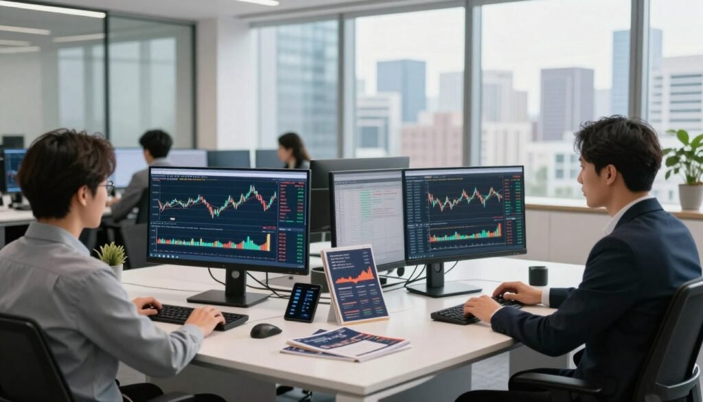 A modern trading office interior filled with light, featuring a sleek desk with multiple computer monitors displaying financial graphs and trading data. In the foreground, a professional-looking individual dressed in business attire is engaging with the screens, analyzing trends in a focused manner. The middle layer showcases a stylish conference table with a few trading-related brochures and digital devices, hinting at a collaborative environment. In the background, large windows reveal a bustling city skyline bathed in soft natural light, creating a vibrant yet professional atmosphere. The scene is bright and inviting, emphasizing innovation and the dynamic nature of modern trading. The composition should convey a sense of professionalism and technological advancement, with a focus on productivity and teamwork.