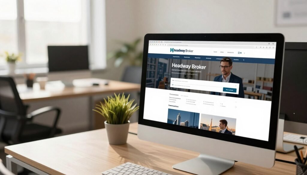 A professional and inviting office setting representing a reliable brokerage website interface, specifically showcasing the Headway Broker homepage. In the foreground, a sleek computer monitor displays the Headway Broker website with a user-friendly registration page design, featuring clear navigation elements and attractive visuals. The middle ground includes a modern desk with essential office supplies and a potted plant, exuding a sense of professionalism. The background reveals a bright, airy office space with large windows allowing natural light to illuminate the scene. The atmosphere is calm and focused, ideal for individuals interested in registering for online trading services. The lighting is warm and soft, creating an inviting ambiance, photographed from a slightly elevated angle for an engaging perspective.